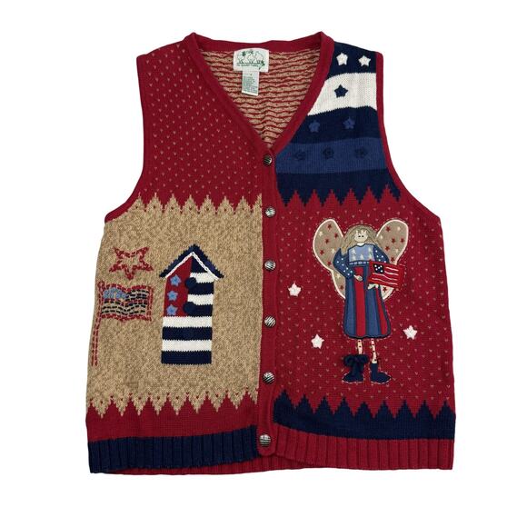 Quacker Factory Sweater Vest Womens Small Patriotic Flag Button USA Americana - Picture 1 of 11